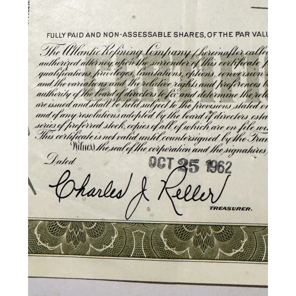 Rare Atlantic Refining Company Stock Certificate from the 1950s