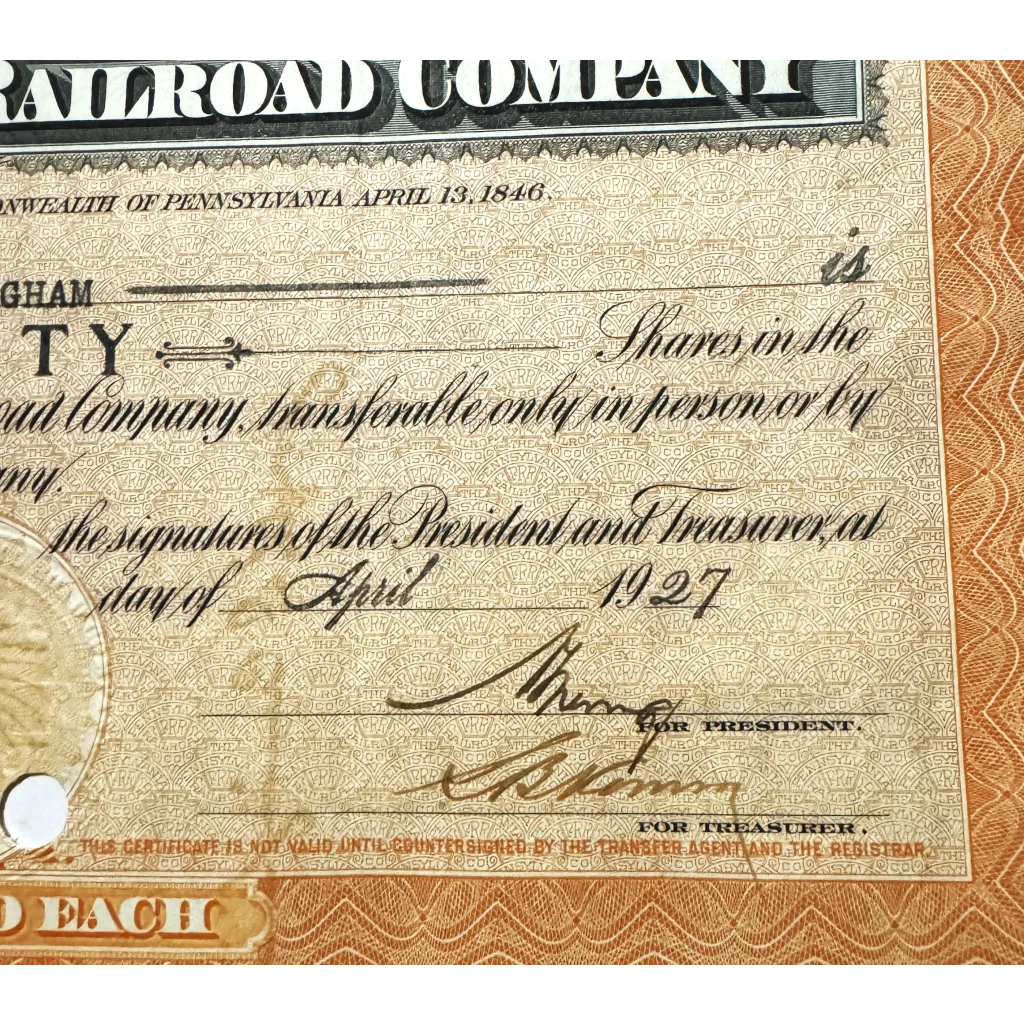 Rare Pennsylvania Railroad Stock Certificate from Early 1900s
