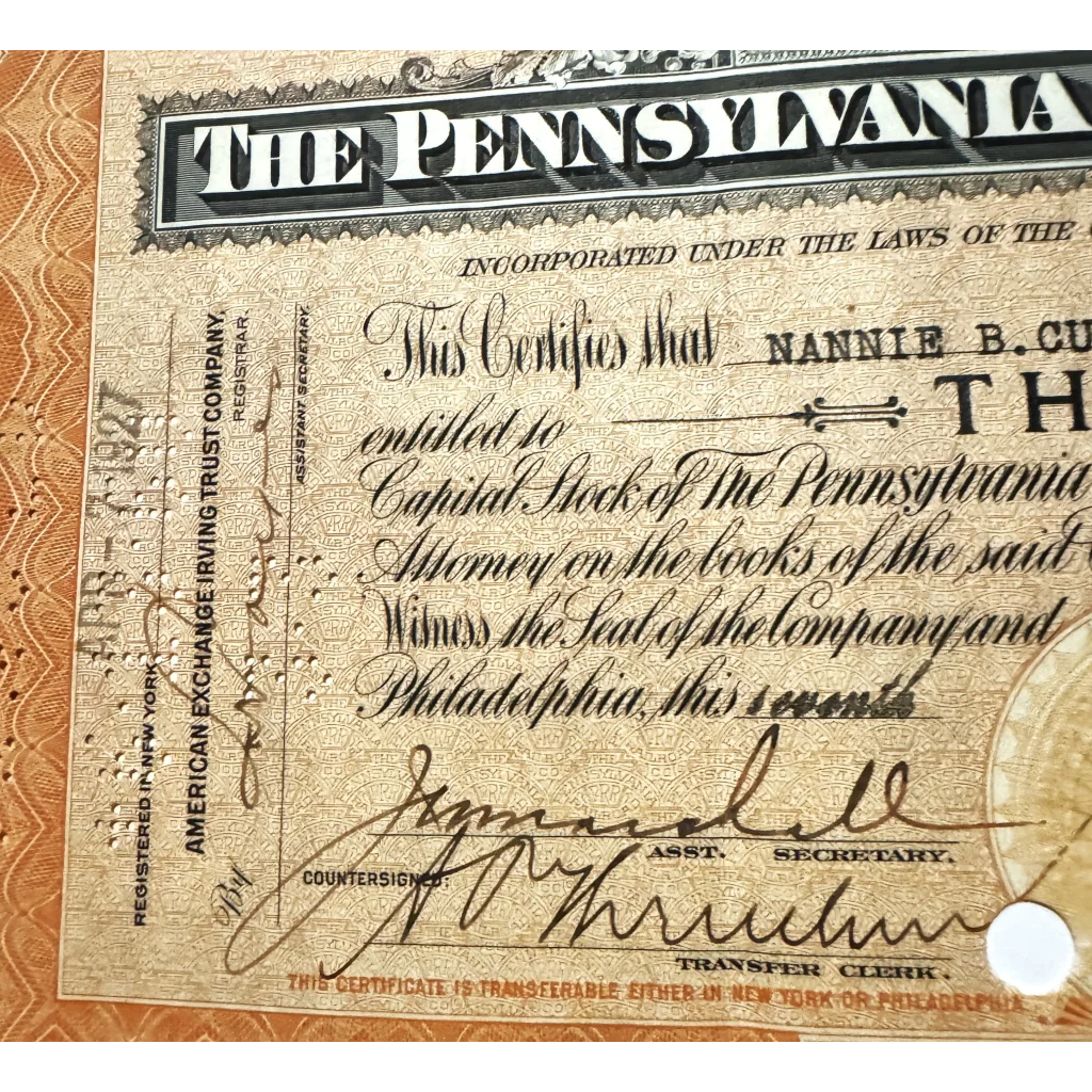 Rare Pennsylvania Railroad Stock Certificate from Early 1900s