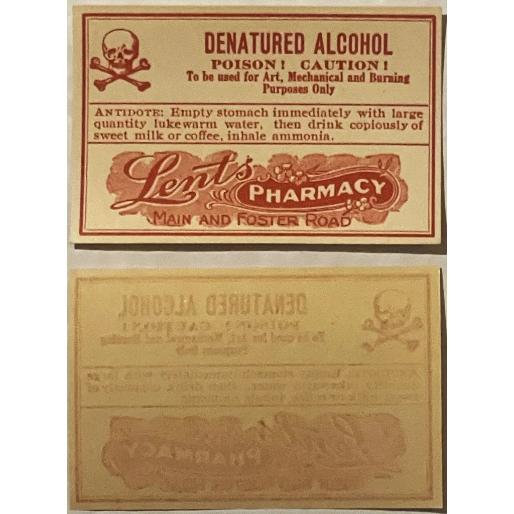 Rare Vintage 1920s Denatured Alcohol Label from Lents Pharmacy
