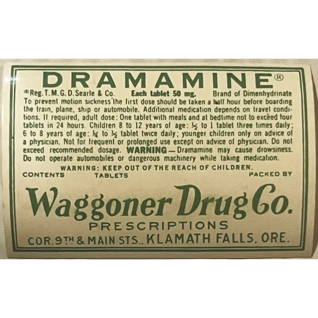 Rare Vintage 1940s Dramamine Label from Waggoner Drug Company