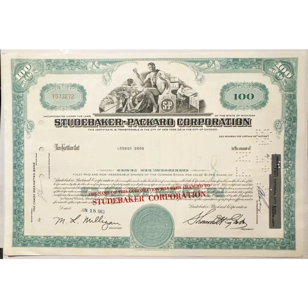 Rare Vintage 1960s Studebaker Packard Stock Certificate Teal Gem