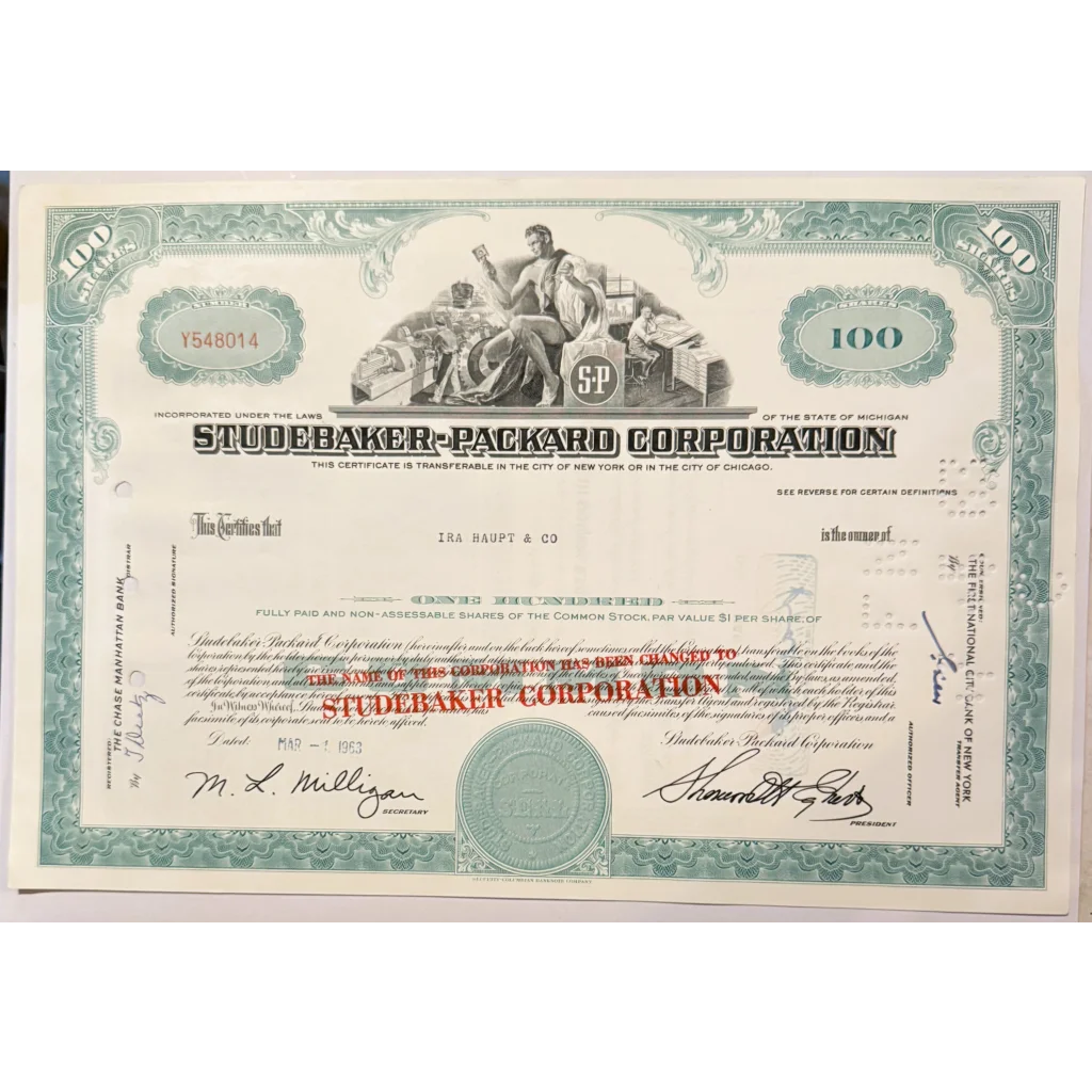 Rare Vintage 1960s Studebaker Packard Stock Certificate Teal Gem