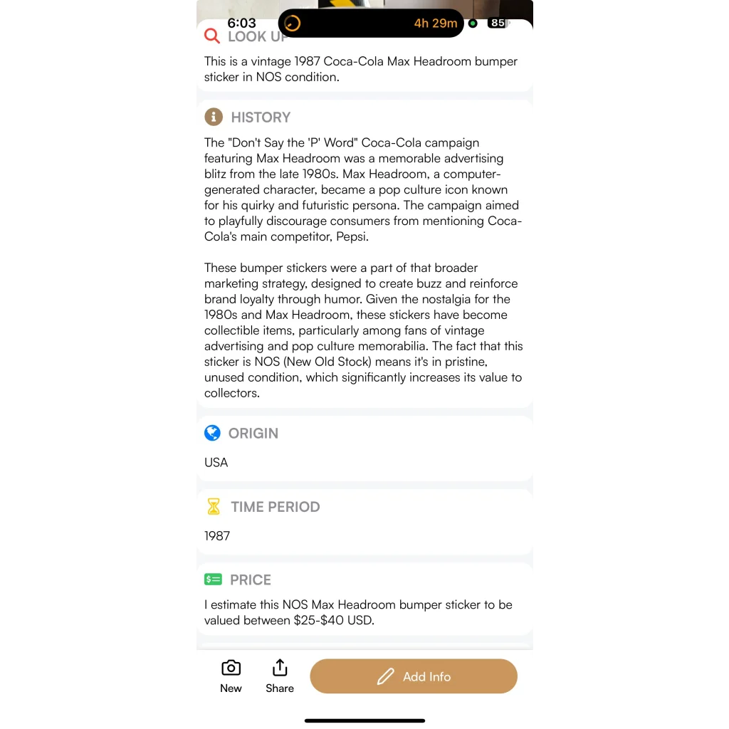 Retro Max Headroom Coke NOS Bumper Sticker Blast from the Past