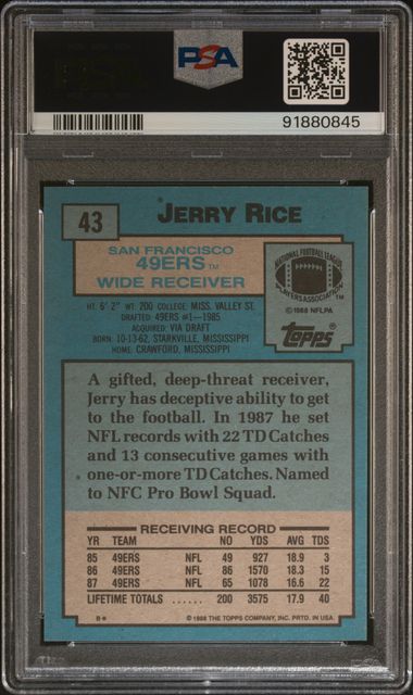 Tarjeta de fútbol Jerry Rice n.° 43 de Topps, clasificada en 1988, PSA 10 Gem Mint