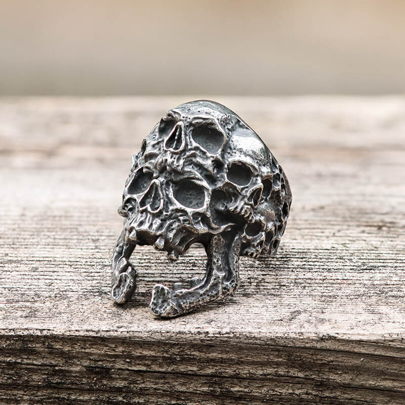 Anillo de acero inoxidable con calavera rugiente multifacética