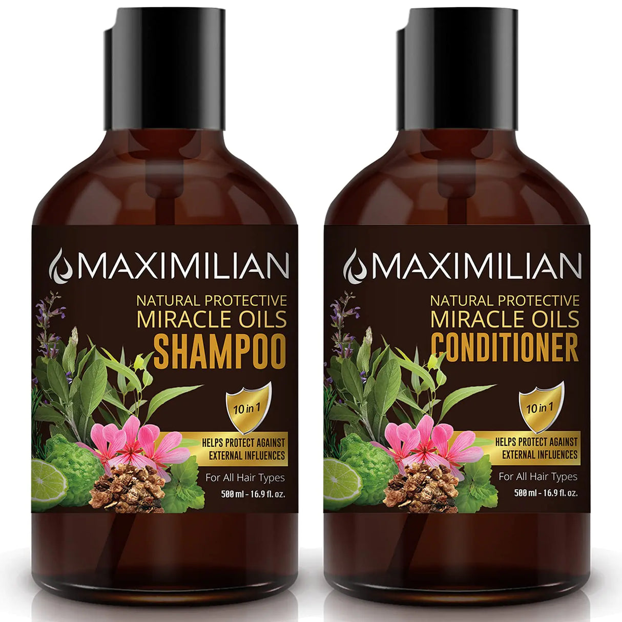 MAXIMILIAN All Natural Shampoo Deep Cleansing Natural Shampoo and Conditioner Set 10 Hair Oils & Provitamin B5 Vegan Shampoo and Conditioner Shampoo Natural Scented 2 x 16.9 Fl Oz