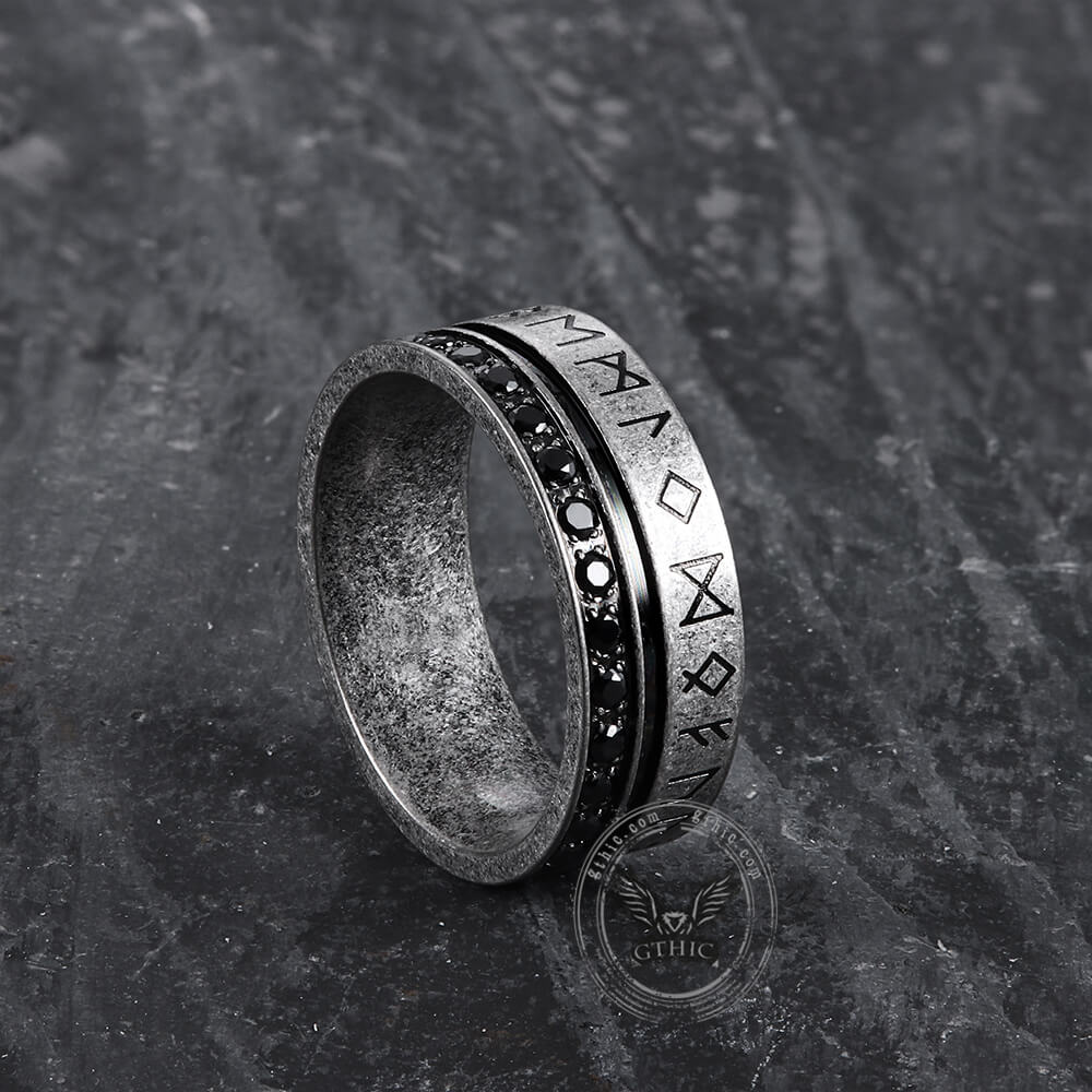 Runes Black Stone Stainless Steel Ring