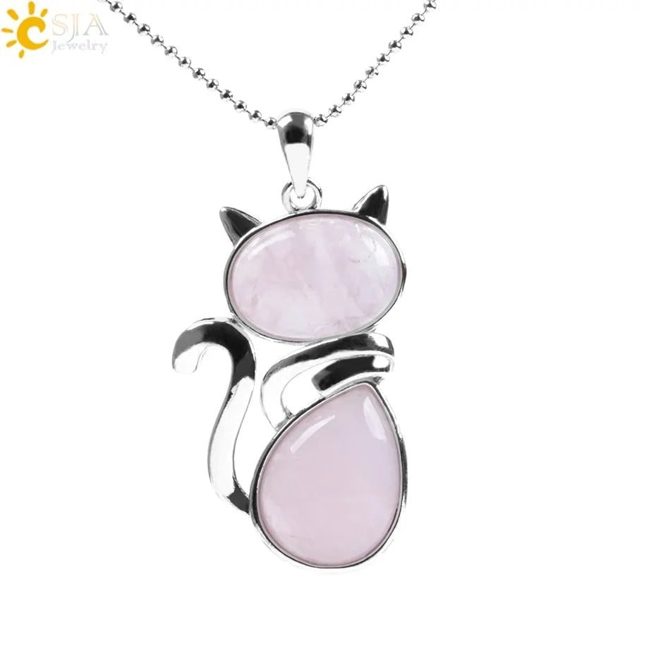 Cat Shape Natural Stone Necklaces With Beads Chain - Lootquake