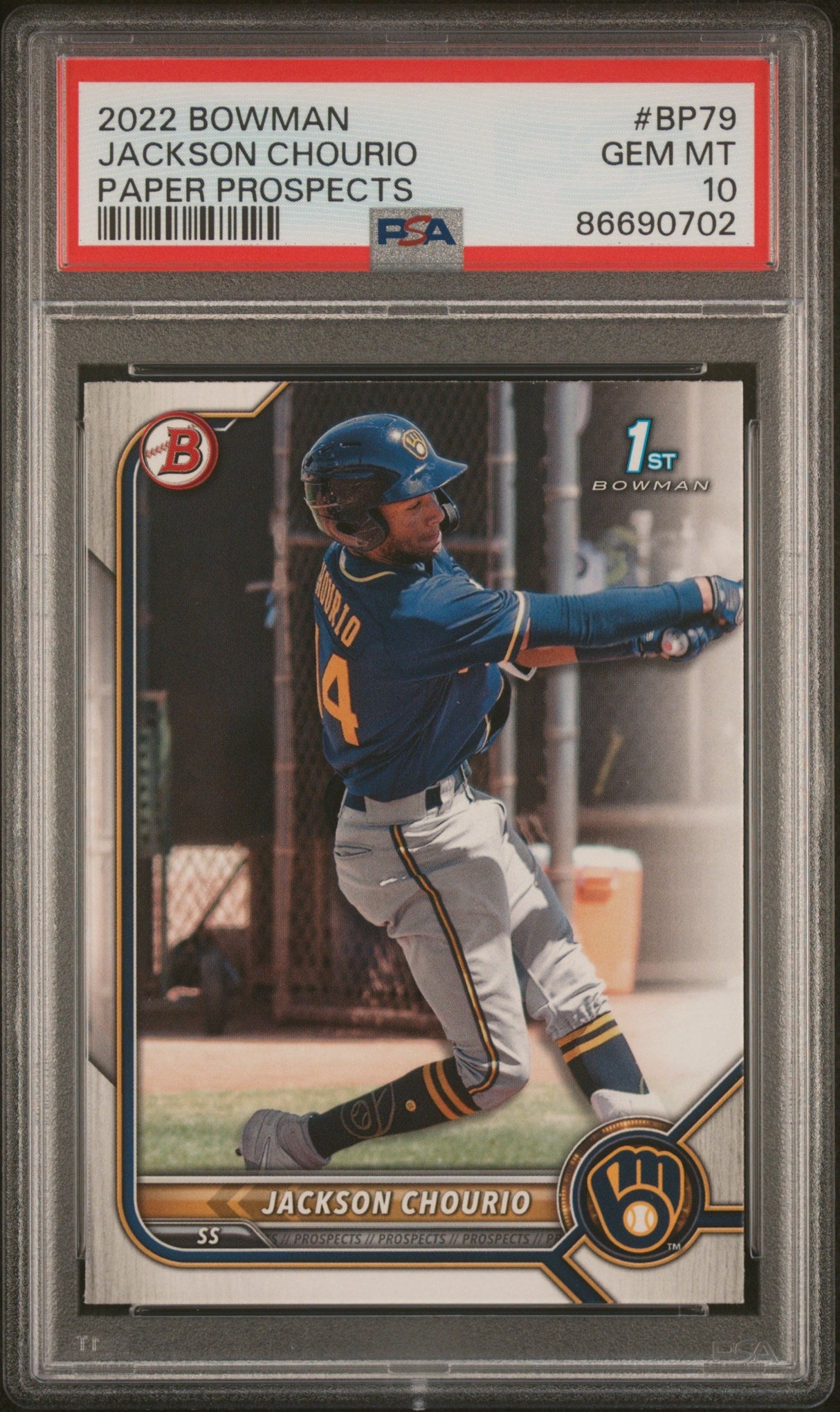 Tarjeta de béisbol Topps Bowman Jackson Chourio #BP79, calificada en 2022, para novatos, con prospectos de papel, RC, PSA 10, Gem Mint