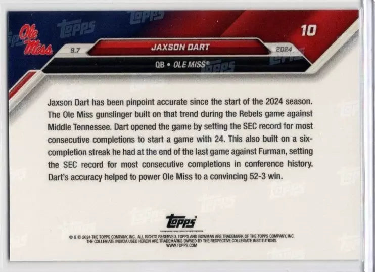 Tarjeta de fútbol americano Topps Bowman U Now Jaxson Dart n.° 10 azul n.° 49 de los Ole Miss Rebels (2024)