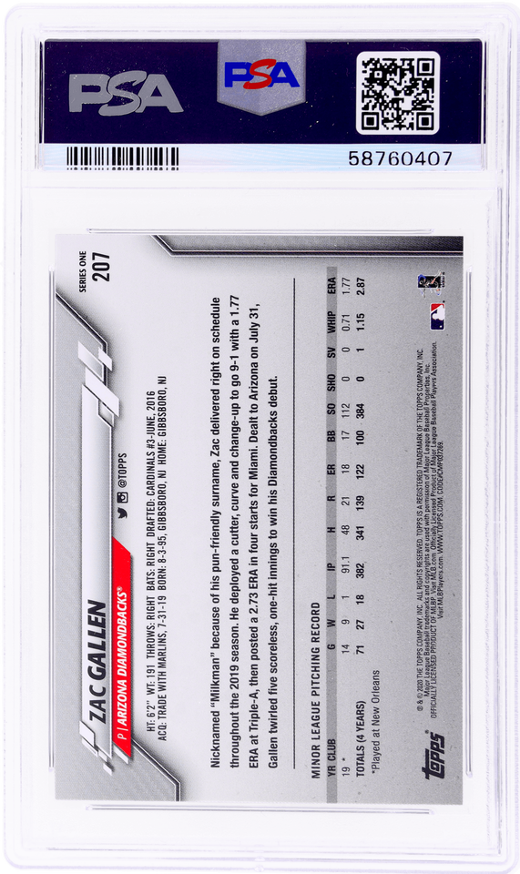 Tarjeta de béisbol Topps 2020, clasificación completa, Zac Gallen n.° 207 Gold Stars Rookie RC, PSA 10 Gem Mint