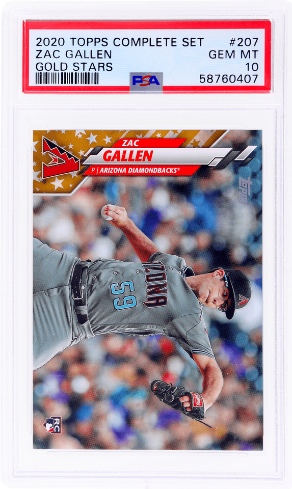 Tarjeta de béisbol Topps 2020, clasificación completa, Zac Gallen n.° 207 Gold Stars Rookie RC, PSA 10 Gem Mint