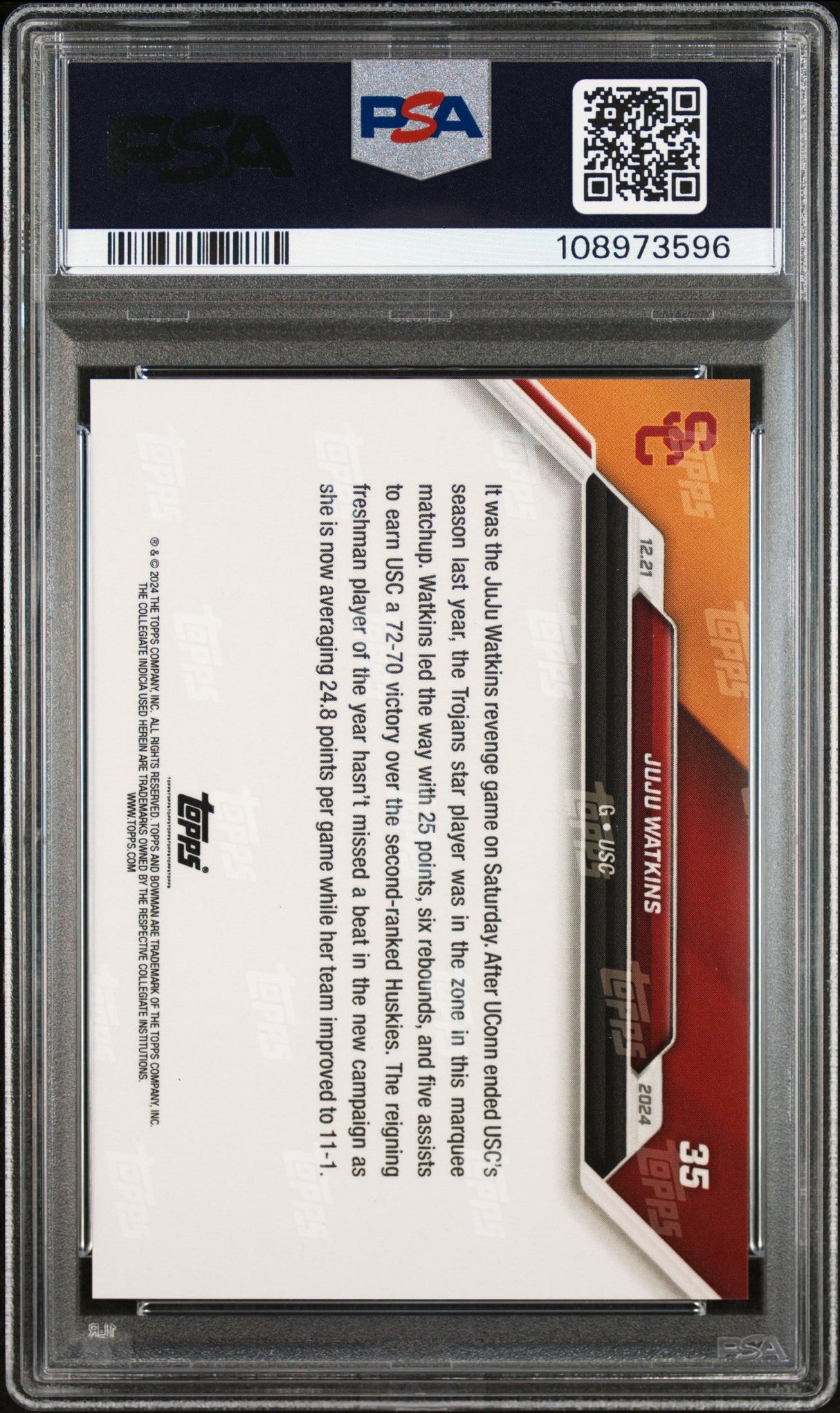 Tarjeta de baloncesto JuJu Watkins #35 Rookie RC de Topps Bowman U (clasificada en 2024) PSA 10 Gem Mint