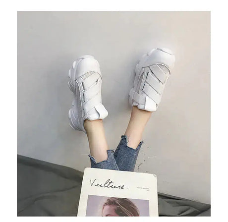 Velcro Platform Sneakers, Dad Shoes, White Casual Shoes - Lootquake