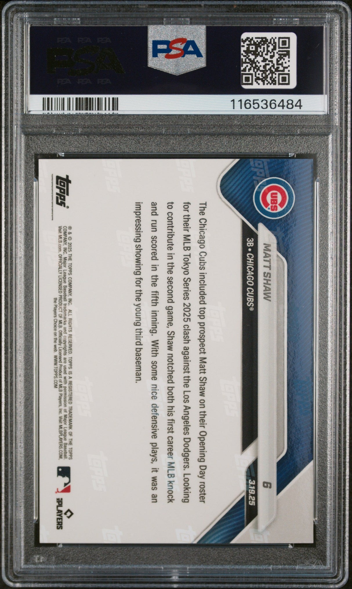 Tarjeta de béisbol Topps Now Matt Shaw #6 Rookie RC (clasificada en 2025) PSA 10 Gem Mint