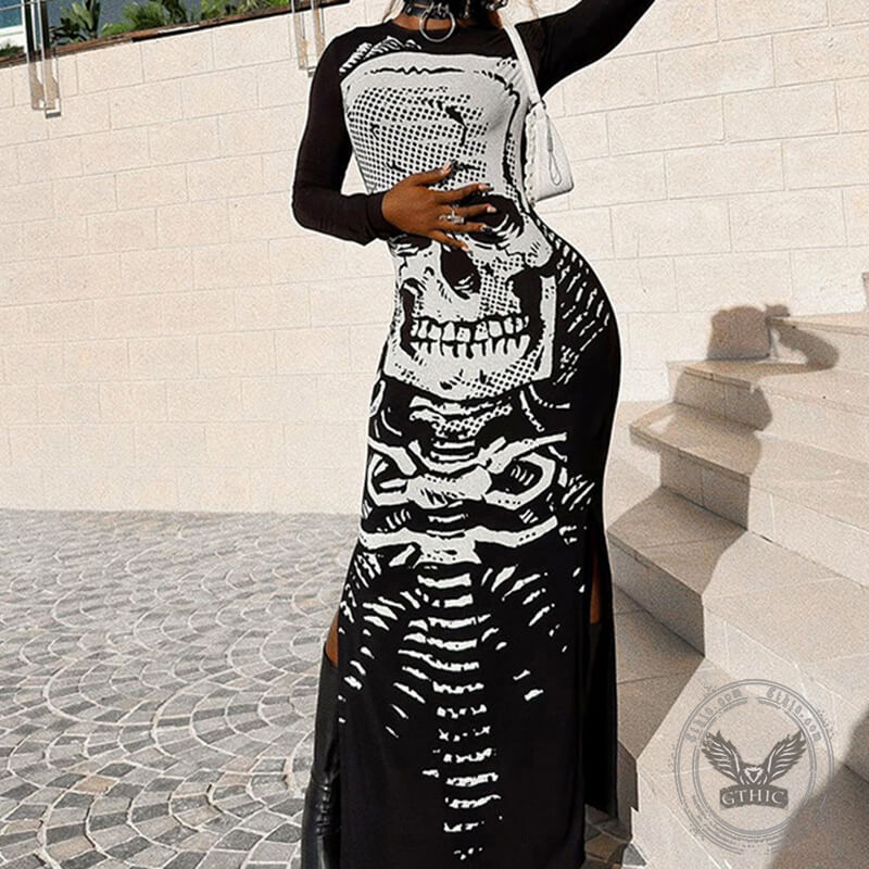 Scary Skeleton Print Polyester Maxi Dress