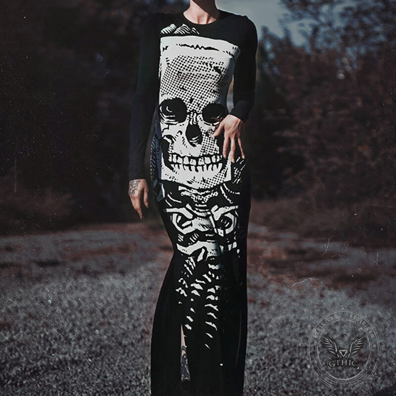 Scary Skeleton Print Polyester Maxi Dress