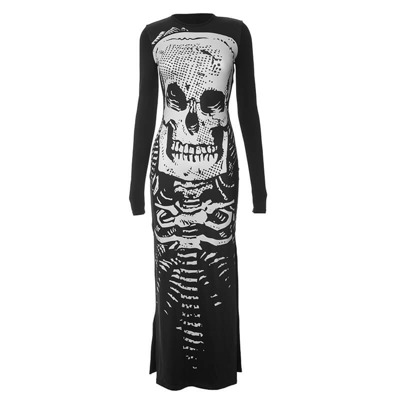 Scary Skeleton Print Polyester Maxi Dress