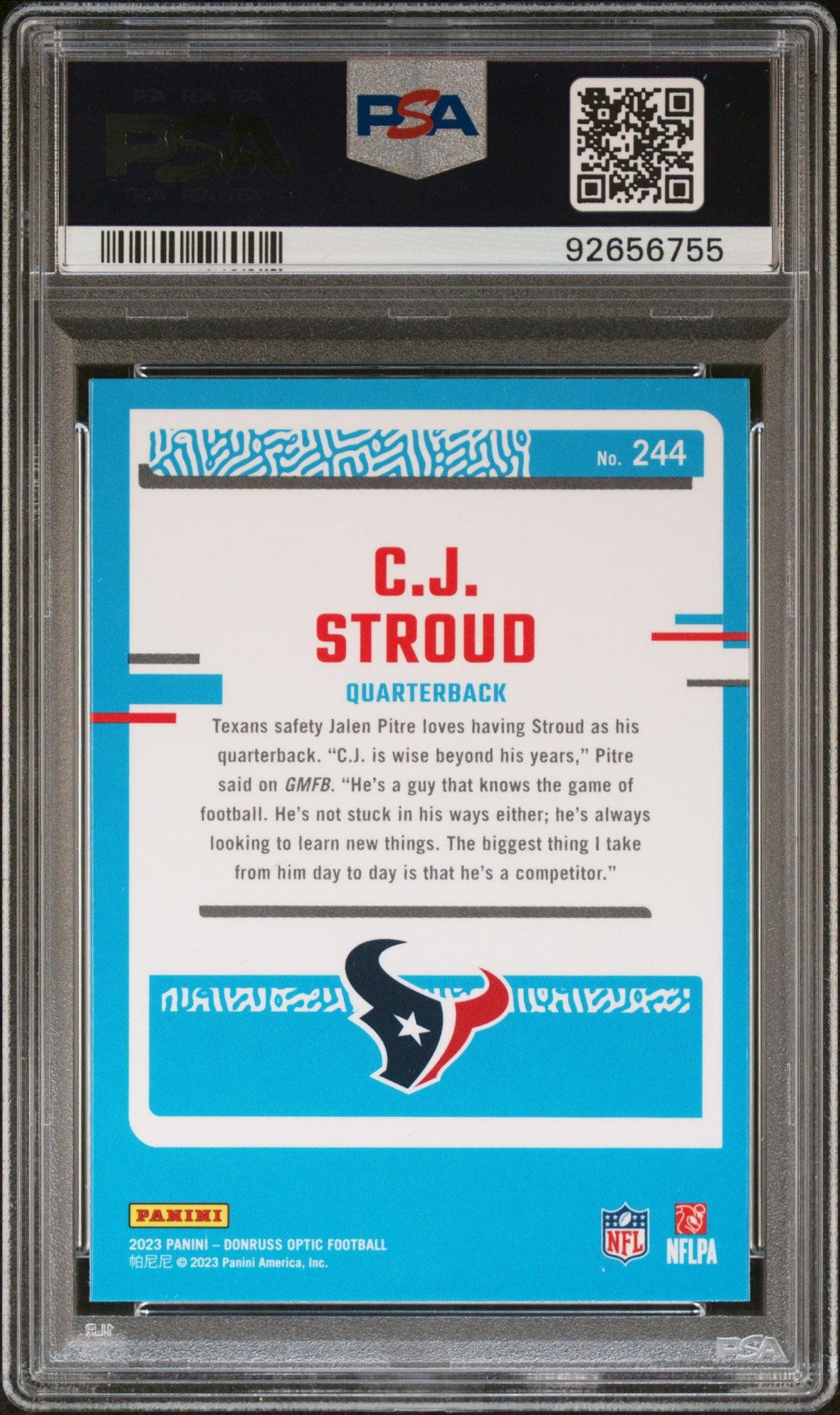 Tarjeta de fútbol RC de novato Panini Donruss Optic CJ Stroud n.° 244, calificada en 2023, PSA 10 Gem Mint