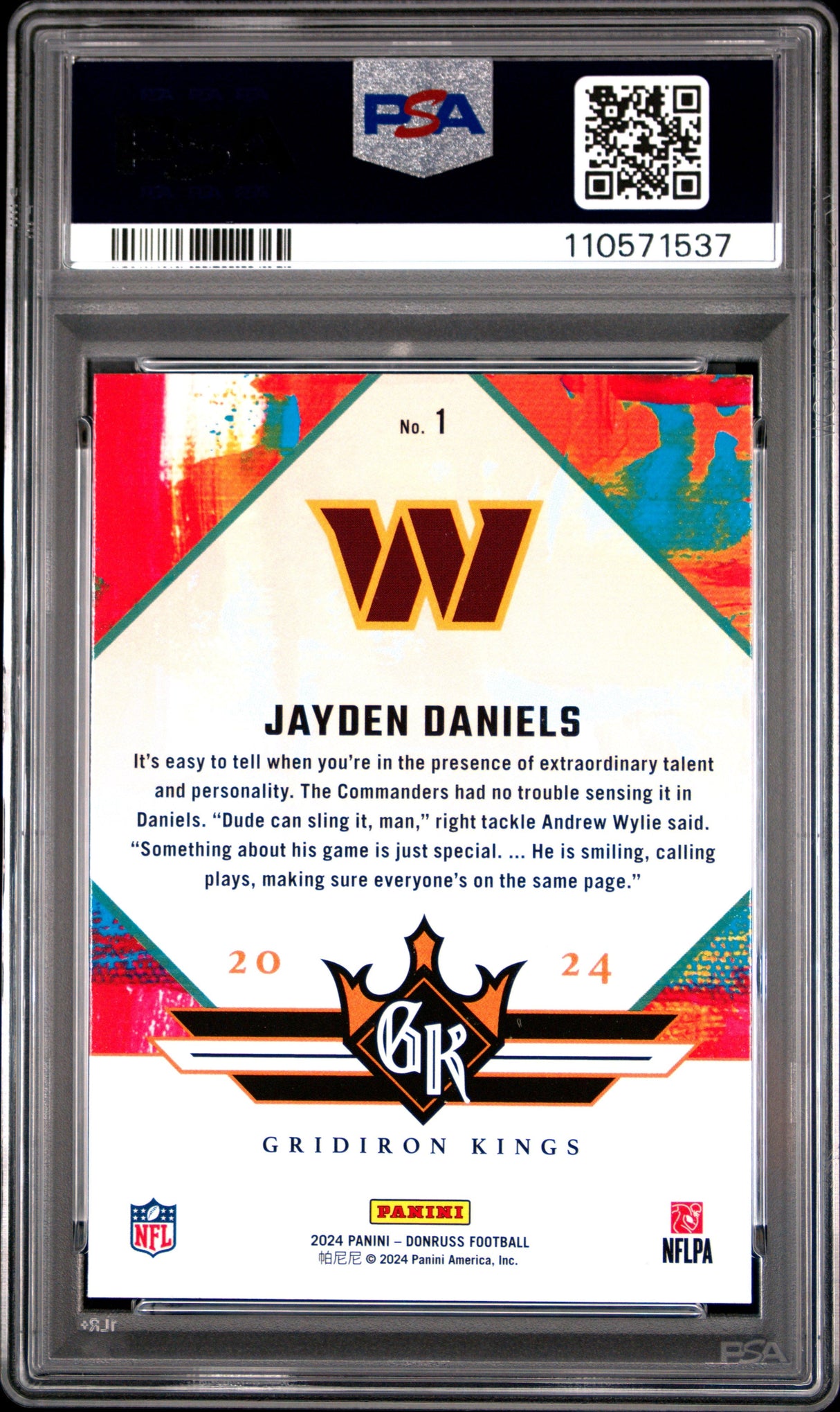 Tarjeta de fútbol RC de novato de Jayden Daniels #1 de Panini Donruss, calificada en 2024, de los Gridiron Kings, PSA 10 Gem Mint