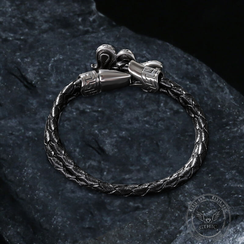 Silver Snake Stainless Steel Leather Bracelet