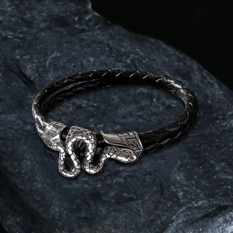Silver Snake Stainless Steel Leather Bracelet