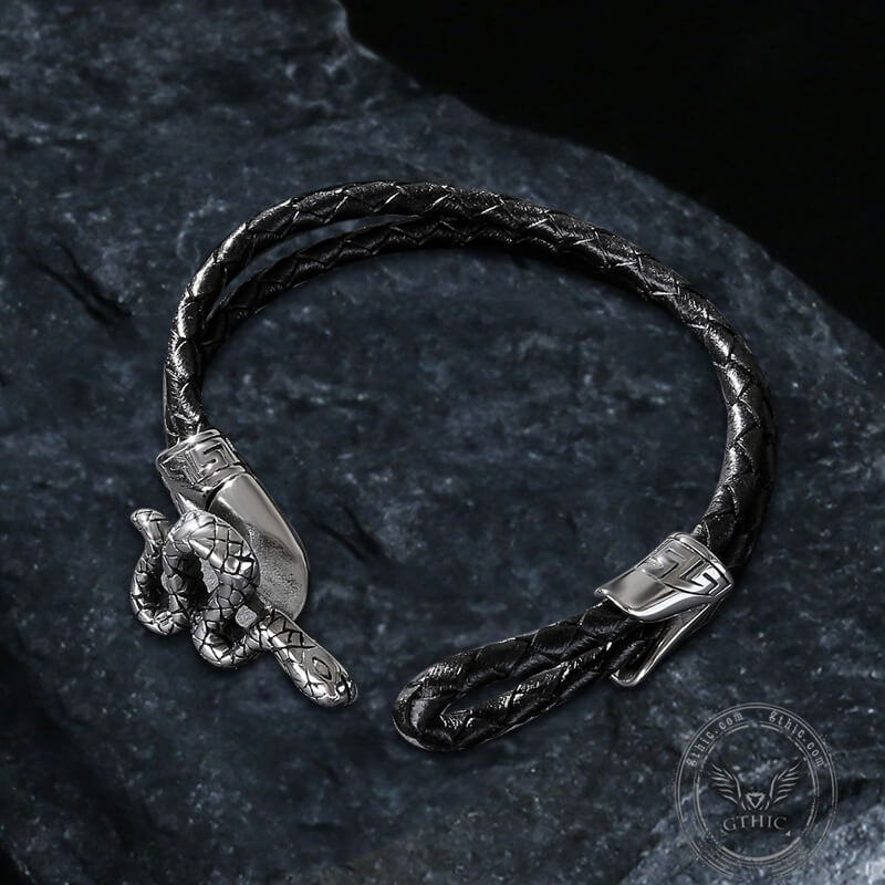 Silver Snake Stainless Steel Leather Bracelet