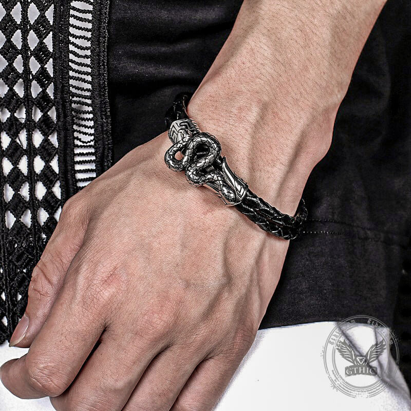 Silver Snake Stainless Steel Leather Bracelet