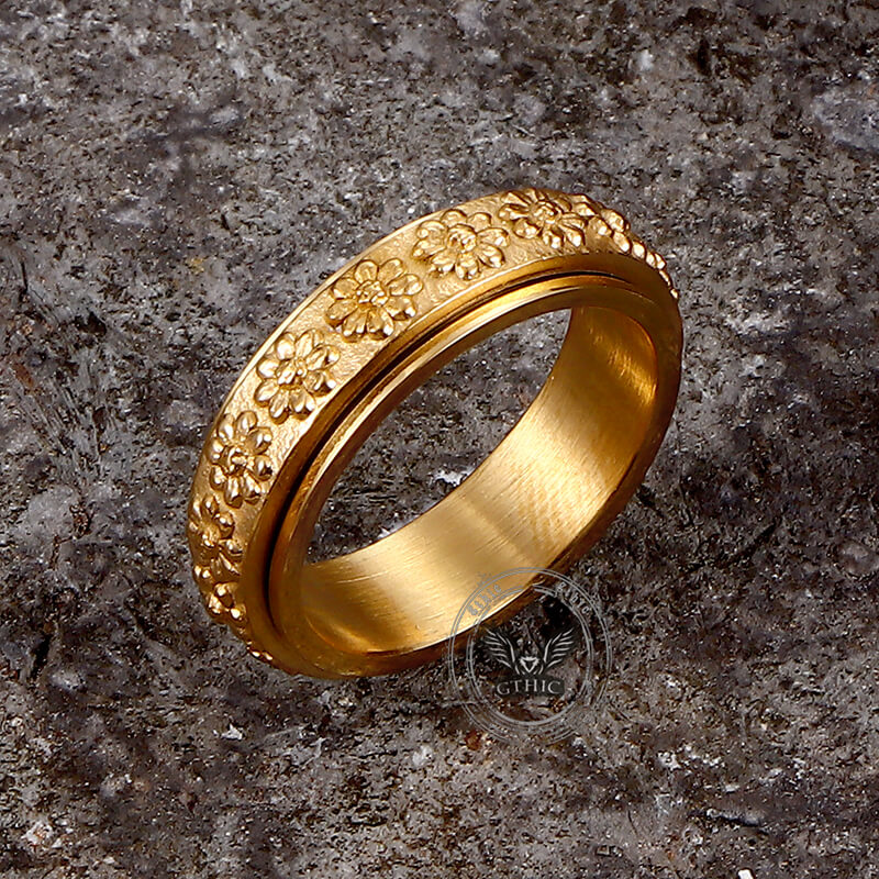 Anillo giratorio de acero inoxidable con diseño de margaritas sencillas