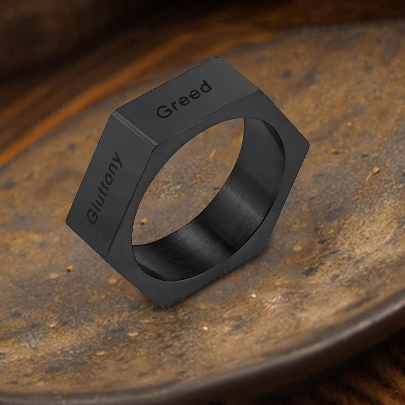 Anillo sencillo de acero inoxidable con siete pecados y siete virtudes