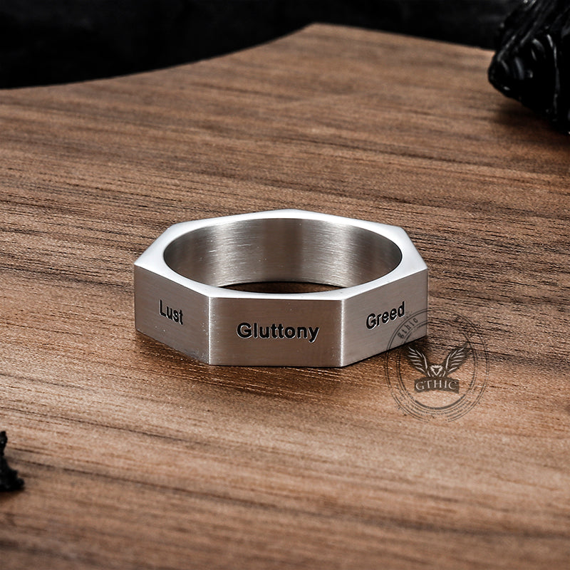Anillo sencillo de acero inoxidable con siete pecados y siete virtudes