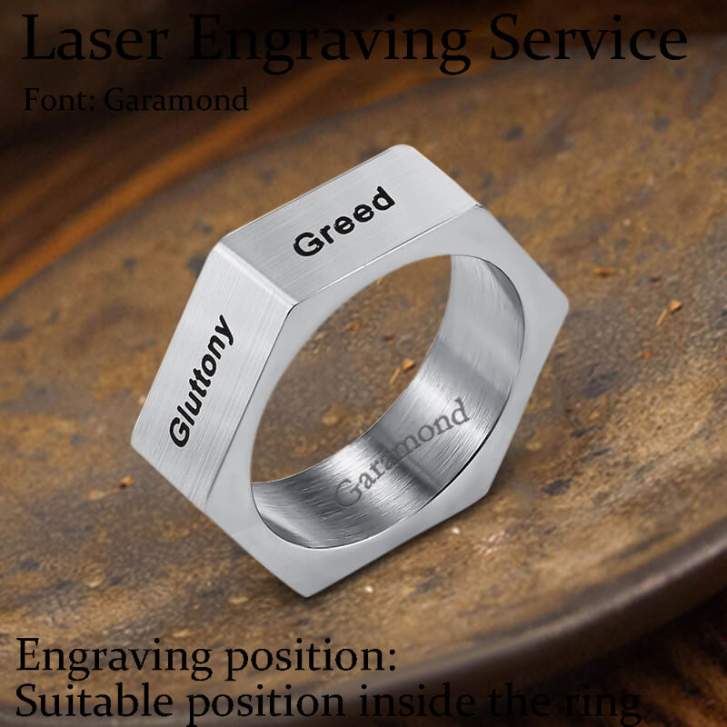 Anillo sencillo de acero inoxidable con siete pecados y siete virtudes