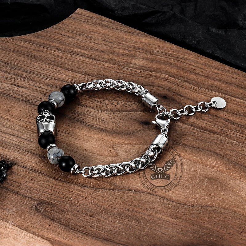 Pulsera de acero inoxidable con piedra de mapa de cornalina y cabeza de calavera