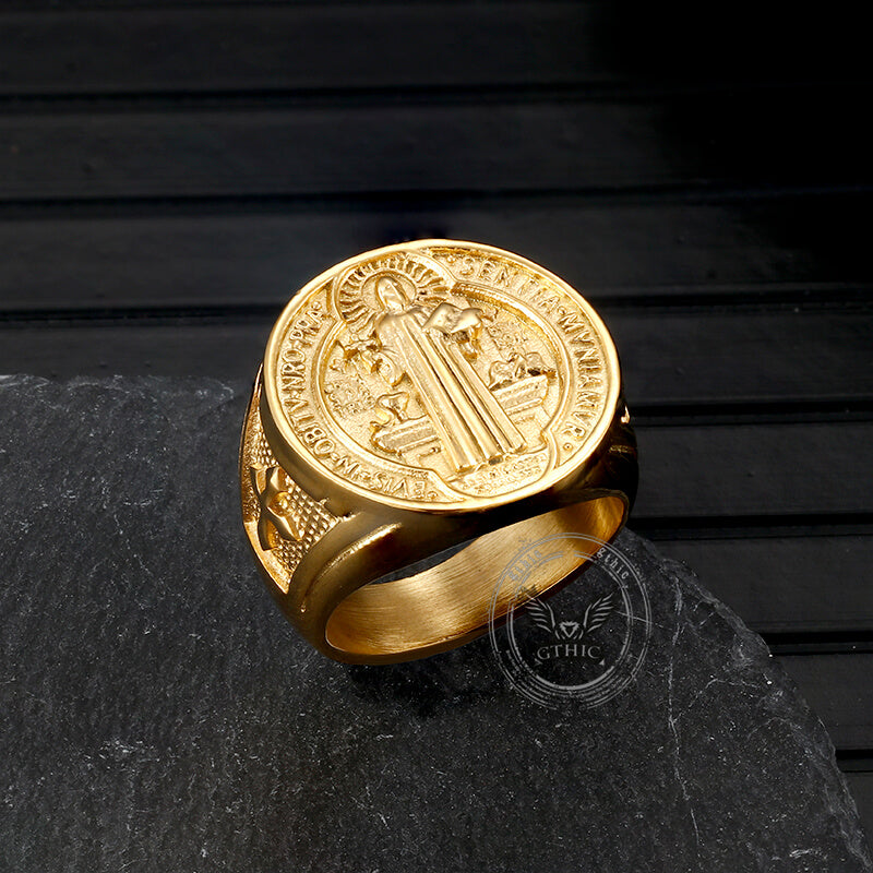 Anillo de acero inoxidable con medalla de San Benito para exorcismo