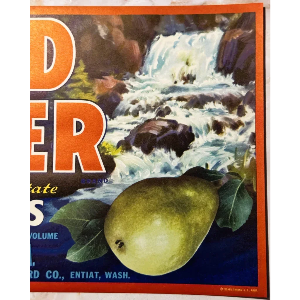 Stunning 1950s Mad River Pears Label Brings Waterfall Magic