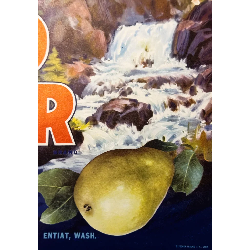 Stunning 1950s Mad River Pears Label Brings Waterfall Magic