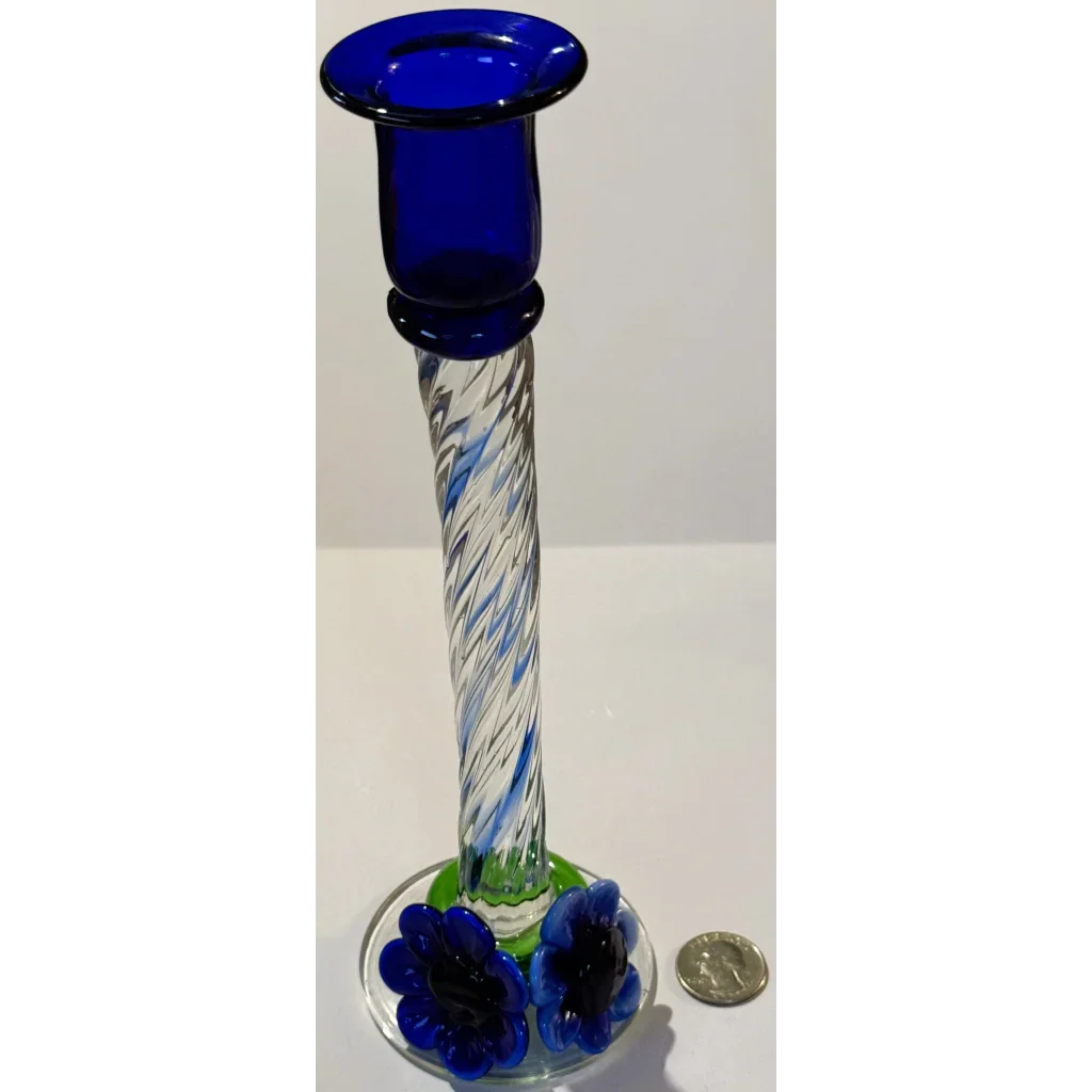 Stunning Blue Art Glass Candlesticks with Twisted Stems and Flowers