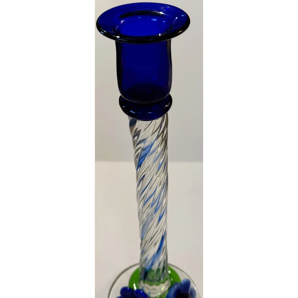 Stunning Blue Art Glass Candlesticks with Twisted Stems and Flowers