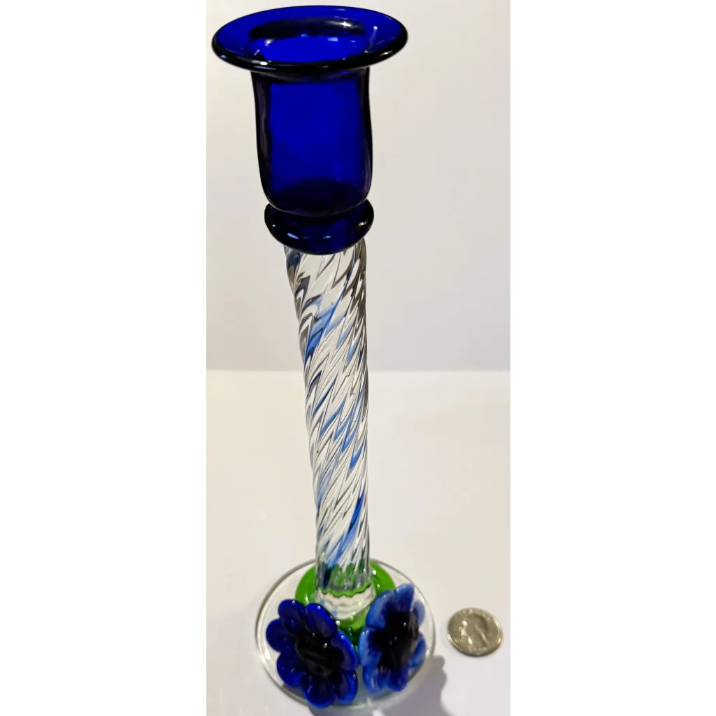 Stunning Blue Art Glass Candlesticks with Twisted Stems and Flowers