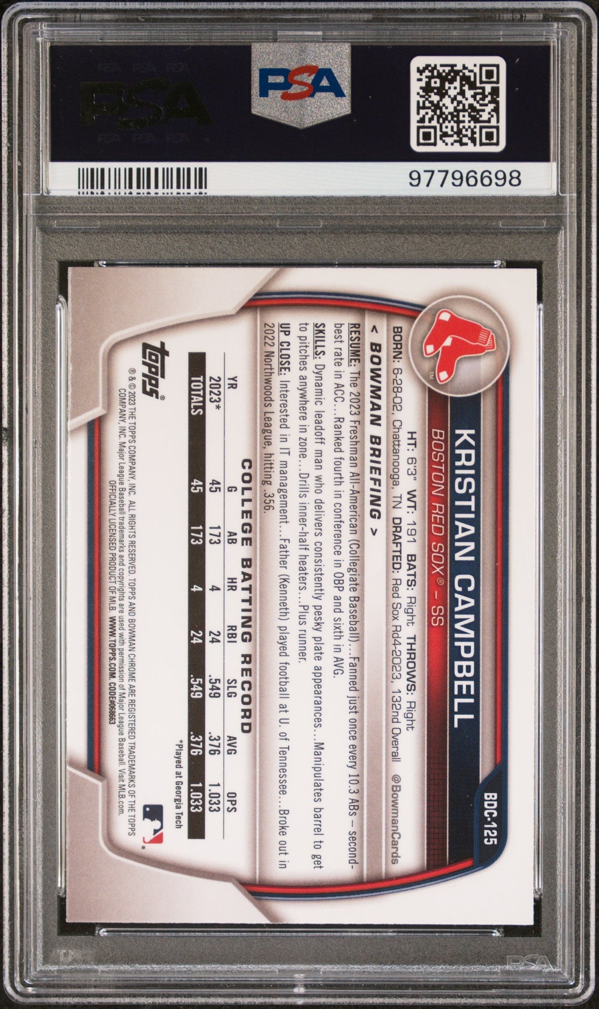 Tarjeta de béisbol de novato cromada de Kristian Campbell #BDC125 del Draft Topps Bowman 2023, PSA 10 Gem Mint