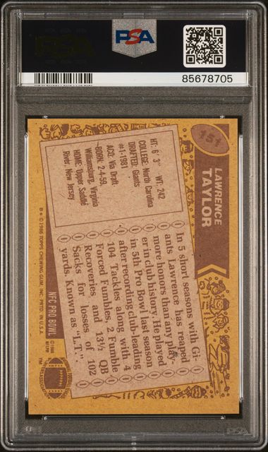 Tarjeta de fútbol Lawrence Taylor n.° 151 de Topps de 1986, PSA 9 Mint