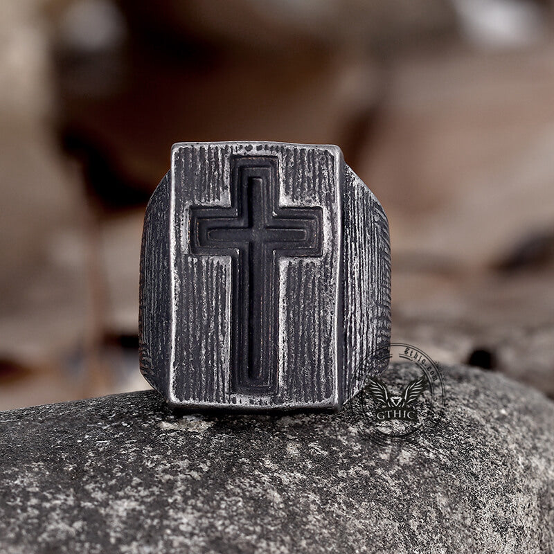 The Gate of Heaven Stainless Steel Cross Ring