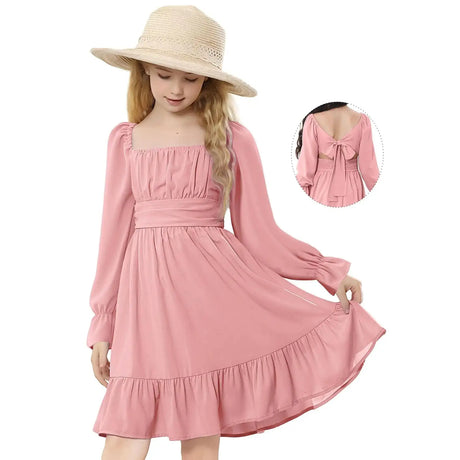 Zando Pink Girls Long Sleeve Dresses for Girls Dresses for Weddings Casual Girls Fall Dress Square Neck Off Shoulder Dresses 10-11 Years L - Lootquake