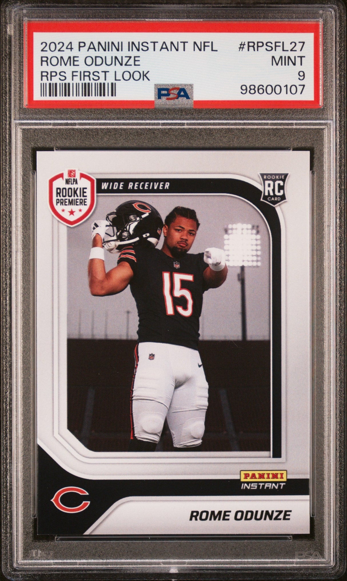 Tarjeta de fútbol americano de primera vista de Rome Odunze #RPSFL27 de Panini Instant NFL 2024, calificada para el equipo de novatos de RC, PSA 9 Mint