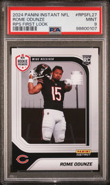 Tarjeta de fútbol americano de primera vista de Rome Odunze #RPSFL27 de Panini Instant NFL 2024, calificada para el equipo de novatos de RC, PSA 9 Mint