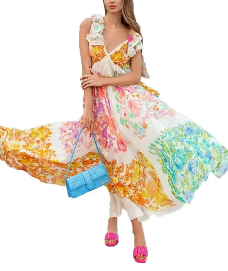 Boho Summer Dresses for Women 2024 Floral Midi Dress V-Neck Flowy Garden Dresses (WhiteLarge) - Lootquake