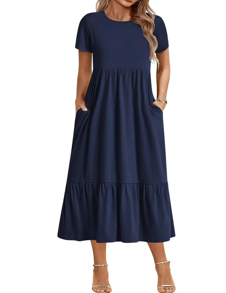 INVOLAND Plus Size Women Short Sleeve Loose Plain Maxi Dresses Casual Long Dresses with Pockets - Lootquake