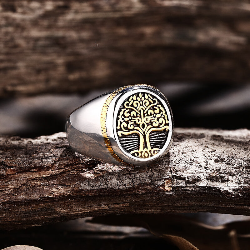 Anillo vikingo de acero inoxidable con sello del Árbol de la Vida
