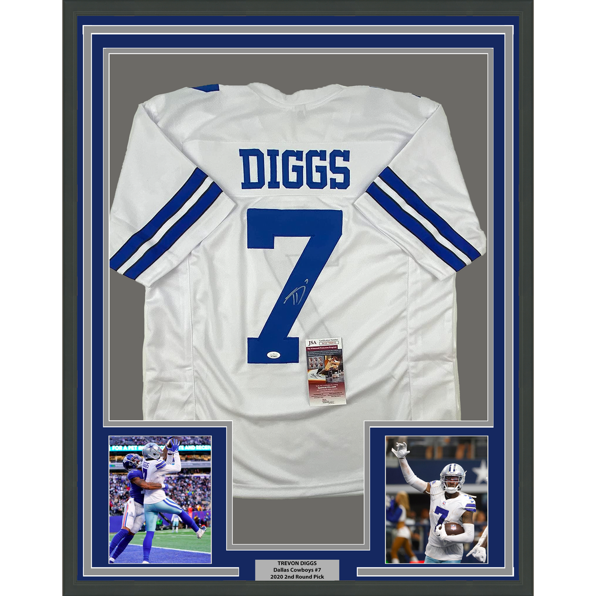 Camiseta de fútbol americano Dallas blanca de 35 x 39, enmarcada, autografiada y firmada por Trevon Diggs (JSA COA)